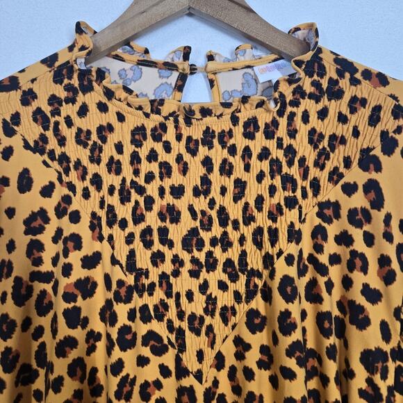 Lularoe Clara Smock Blouse Sz 3XL Orange Black Animal Print Keyhole Back Stretch - Picture 4 of 11